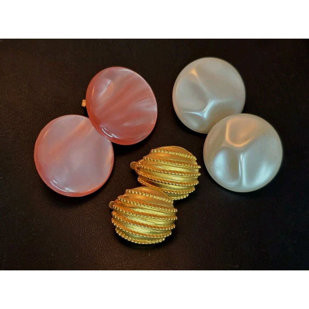 Vintage Clip On Earrings Lot Pink Lucite Frosted Gold Tone Dome Retro Jewelry